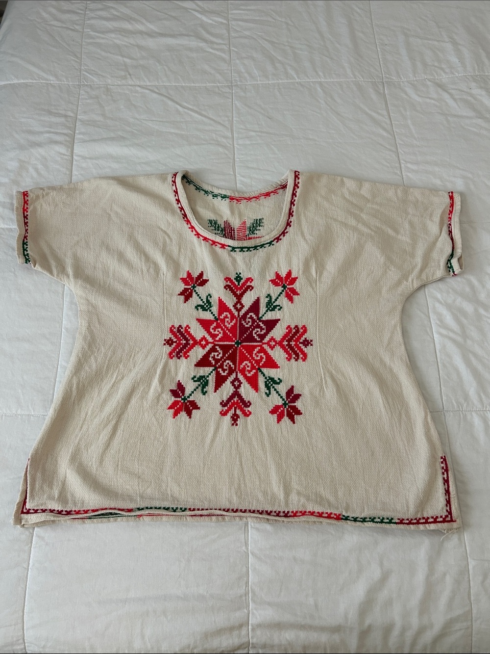Oaxaca Hand-embroidered Mexican cross-stitch blouse, Sz. L, Like New.